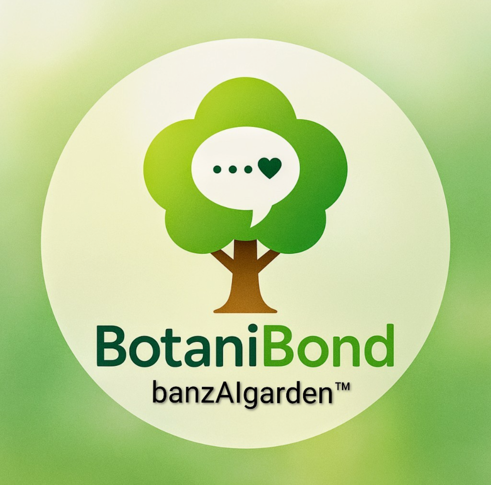 banzAIgarden BotaniBond™ロゴ。木の形の中に吹き出しとハートがあるアイコンで、“庭木と話せるAI体験”を表現。藤沢・鎌倉・湘南エリアの植木屋バンザイガーデン開発。