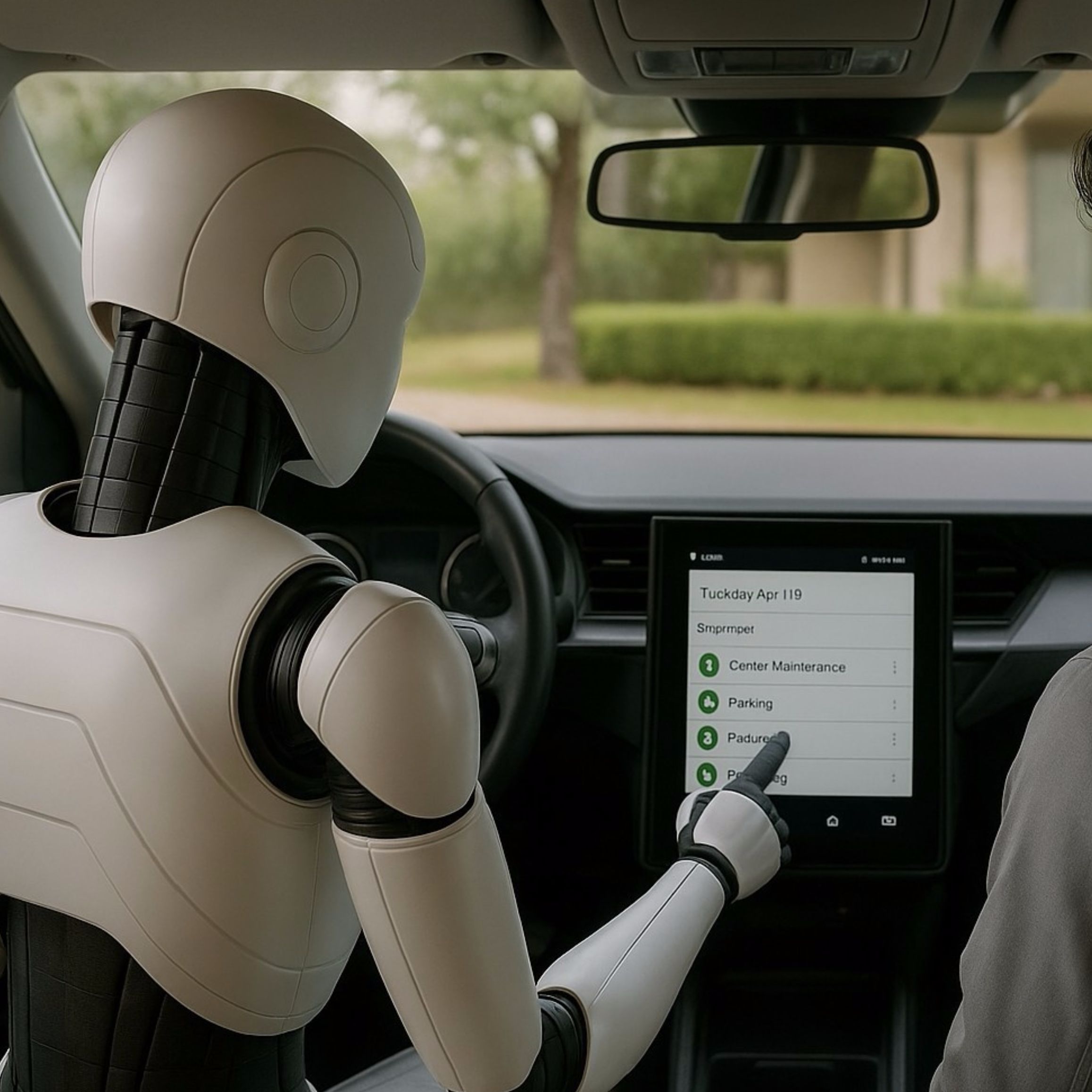 自動運転車の車内でヒューマノイドロボットと現場の打ち合わせをしている未来像を描いた生成AI画像